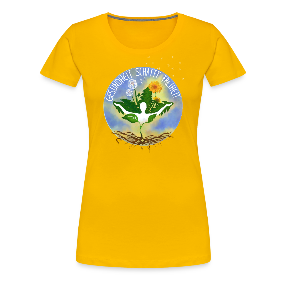 Gesundheit schafft Freiheit (Eins mit der Natur) / 100% Bio Frauen Premium T-Shirt (weiß) - Sonnengelb