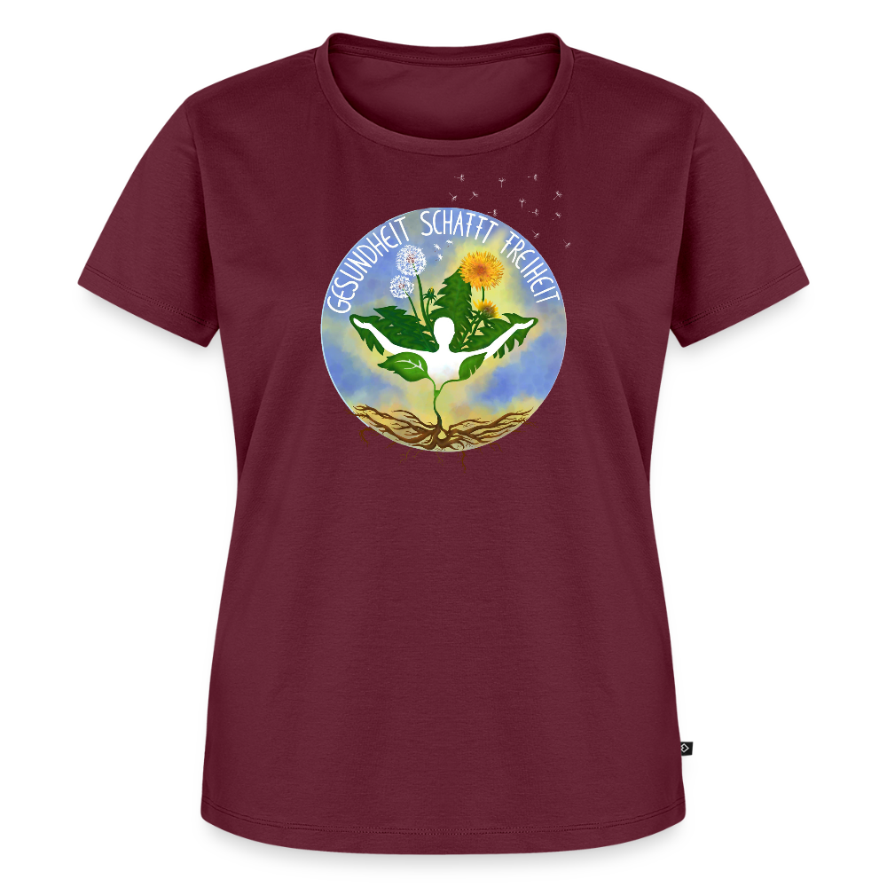 Gesundheit schafft Freiheit (Eins mit der Natur) / 100% Bio Frauen Premium T-Shirt (weiß) - Burgunderrot